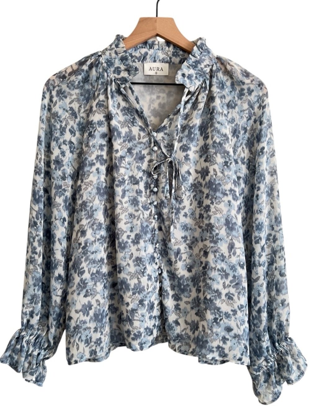 Aura Blue Floral Printed Ruffle Long Sleeve Blouse